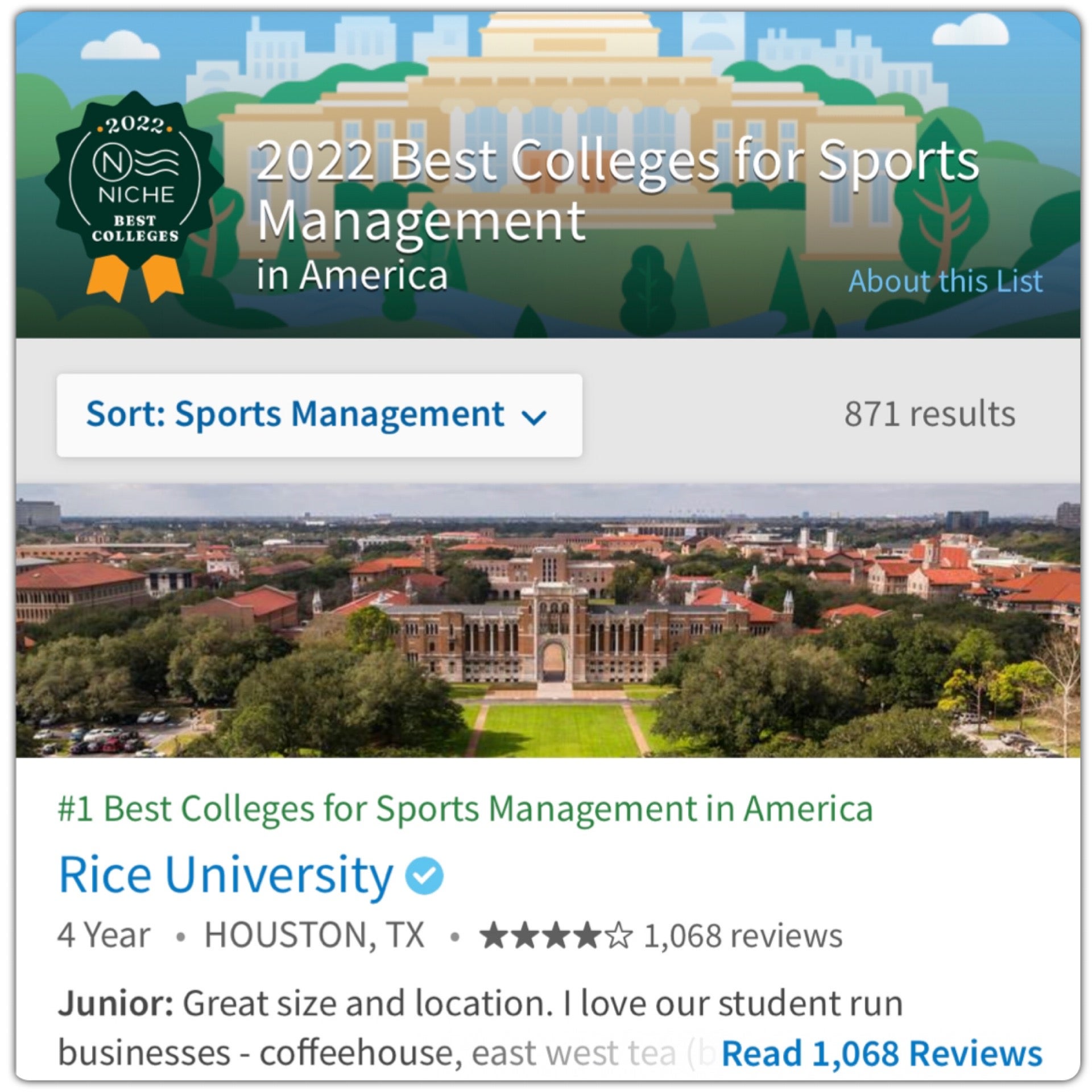 Rice SMGT ranked as 2022 number one program by Niche.com