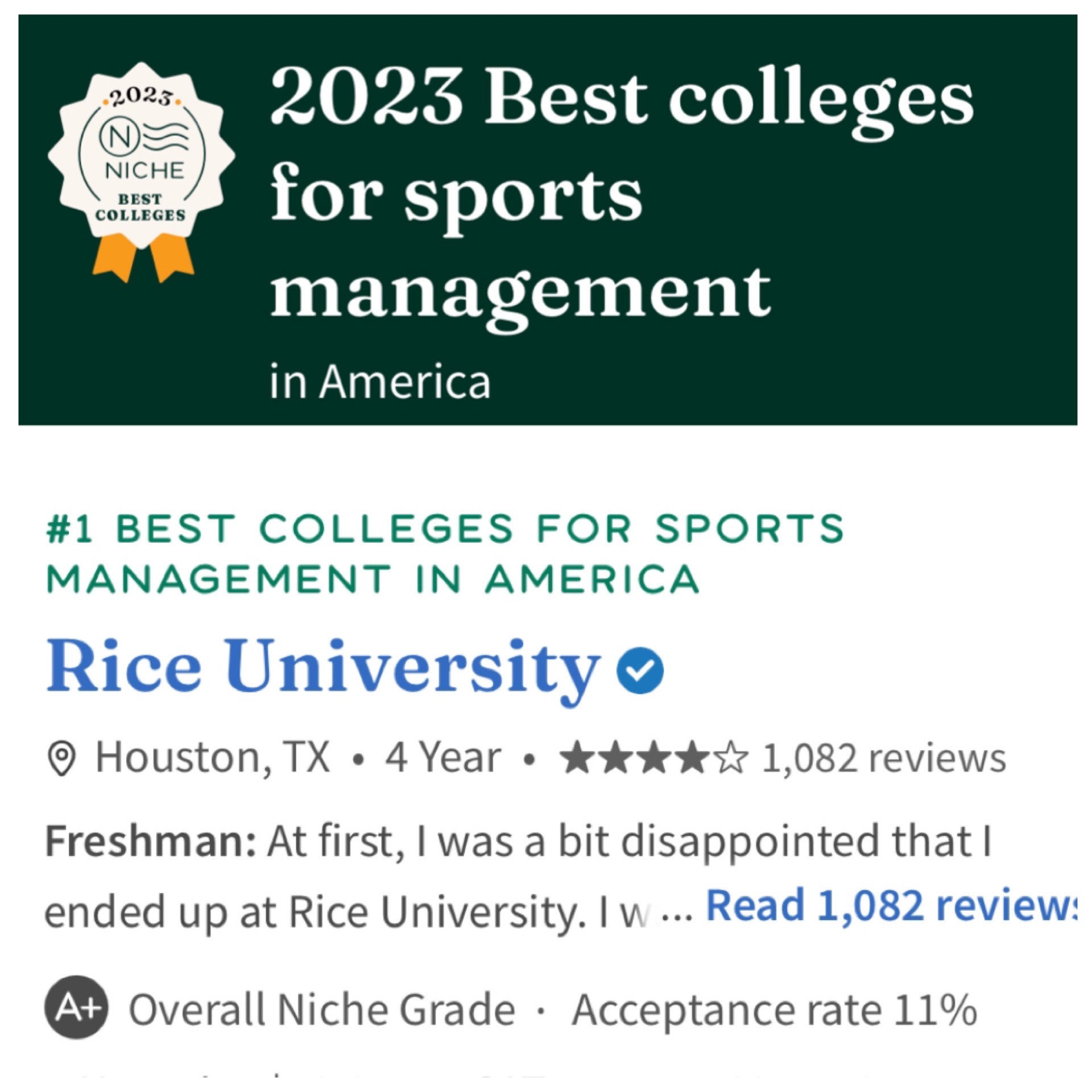 Rice SMGT ranked as 2023 number one program by Niche.com