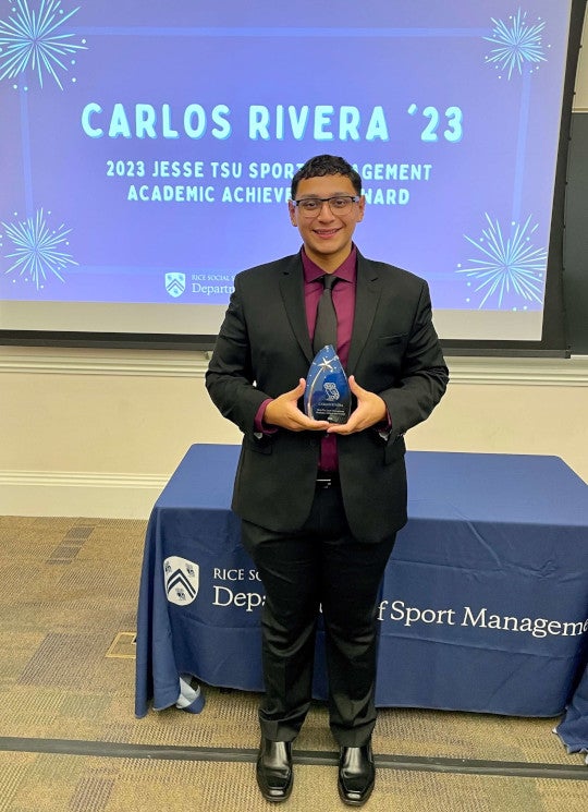 Carlos Rivera '23 as the 2023 Jesse Tsu Award recipient