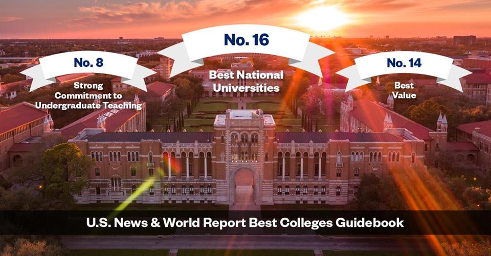 Rice University ranked as No. 16 for Best National University