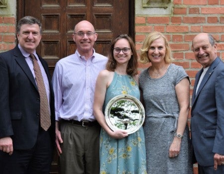 Caroline Cobb ‘20, Emily Mohlin ‘21, Grace Chialiva ‘22, &amp; Castin Neumeyer ‘19 receive the Patrick K. Thornton Memorial Award for their performance in Sport Law